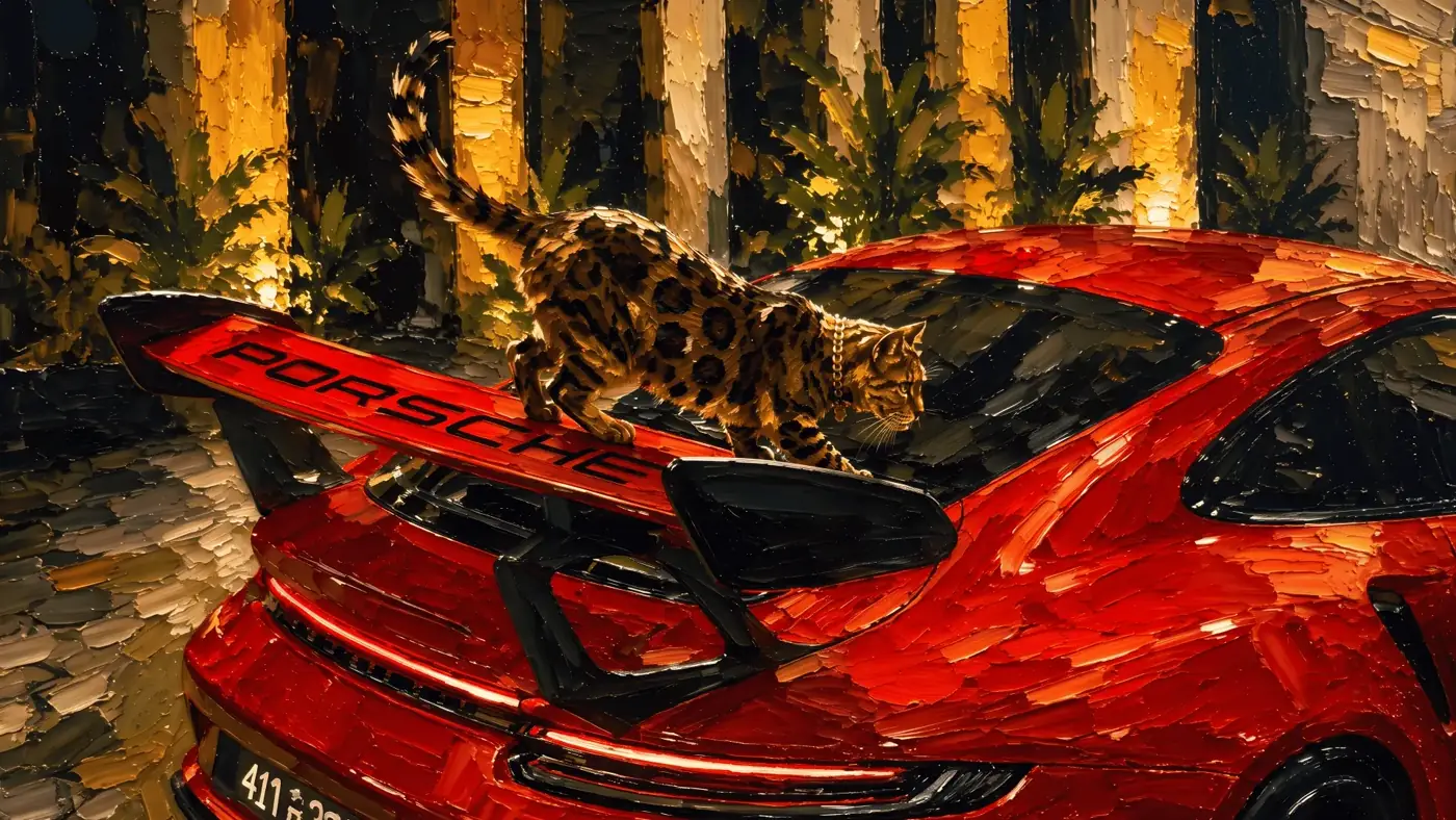Felino sobre Porsche vermelho