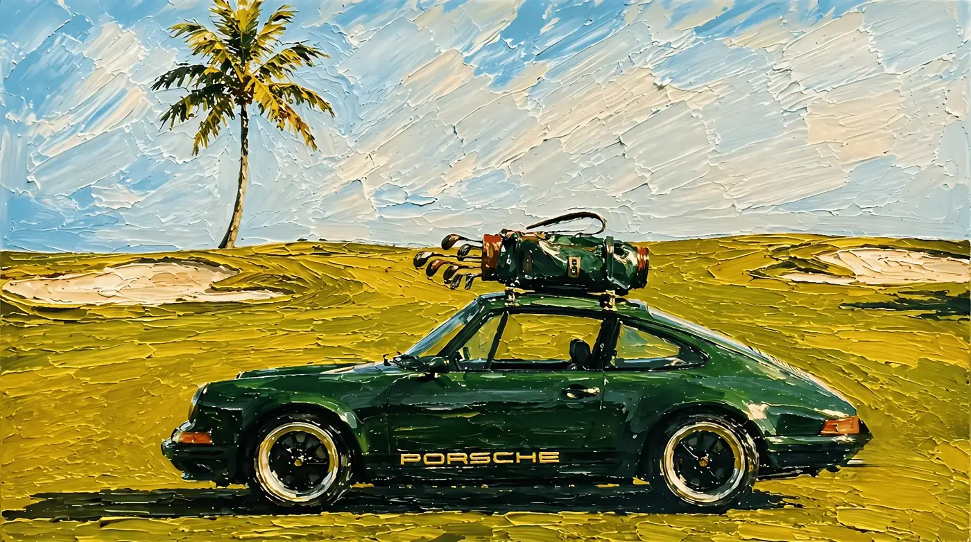 Porsche verde com tacos de golfe
